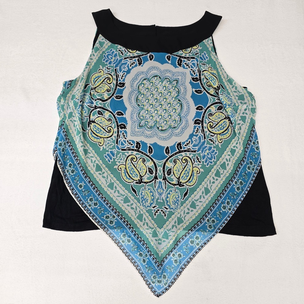 Alyx Women 0X Paisley Scarf Print Handkerchief Top Teal Blue Black Hippie Boho